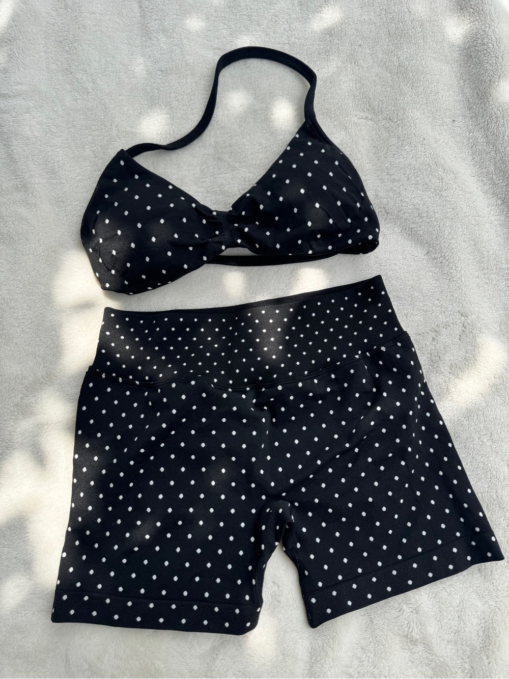 Black Polka Dot Activewear Set | Sports Bra & Shorts | Size Medium